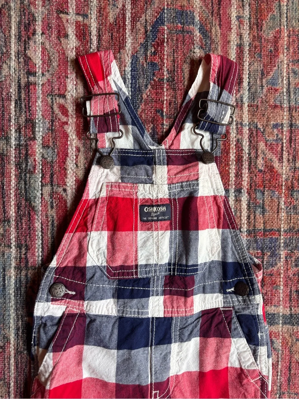 Oshkosh 3T 100% Cotton Red, White, and Blue Plaid Shortalls